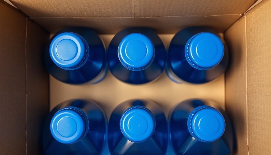 Blue plastic bottles in a cardboard box, overhead view.