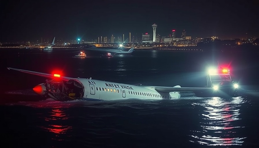 Washington DC plane crash scene at night with rescue efforts underway.