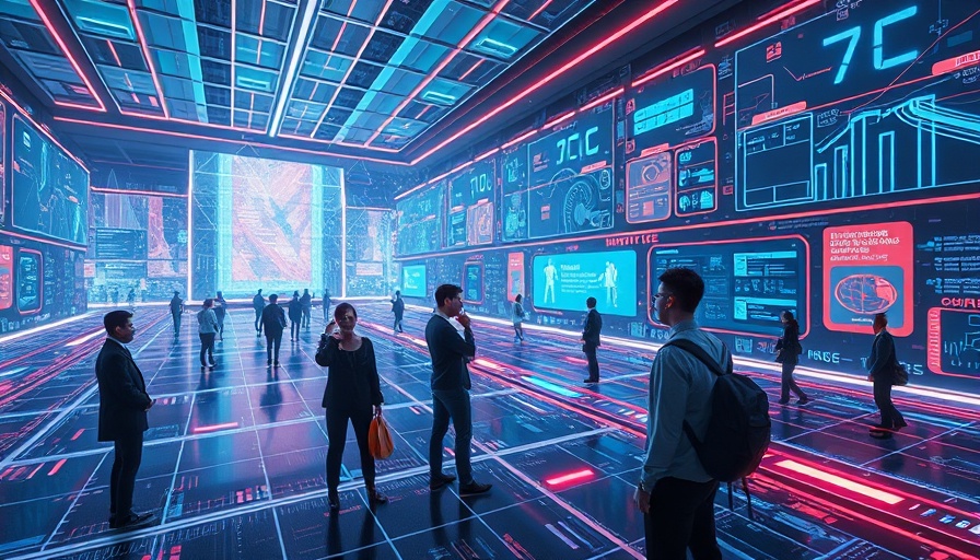 Futuristic scene of people interacting with AI agents holograms.