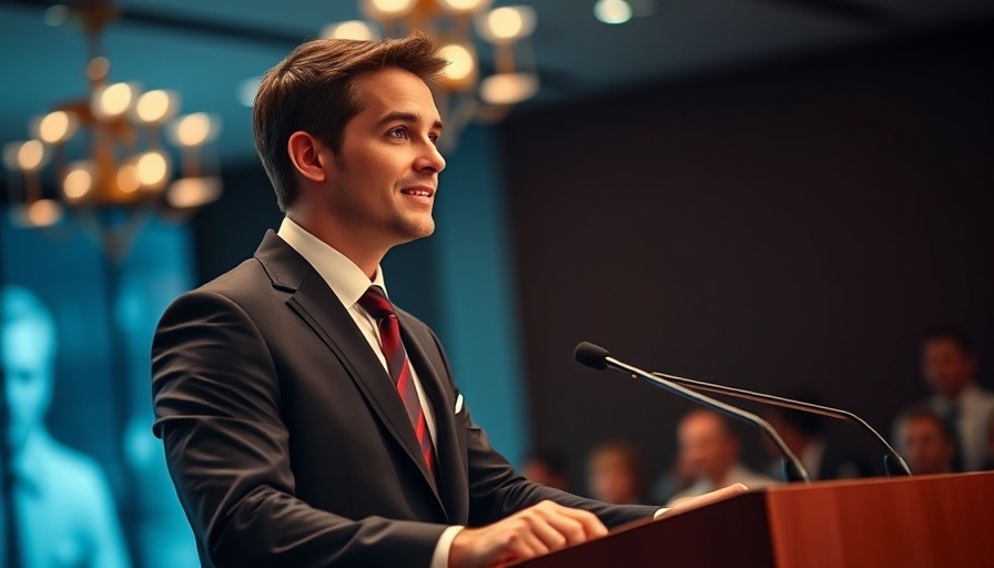 Confident young man speaking at an event.
