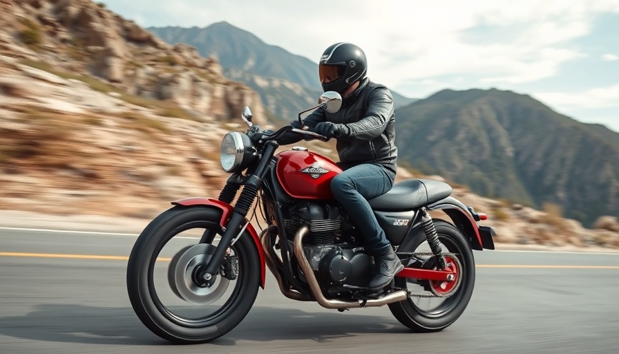 Motorcyclist on vintage red motorcycle in scenic mountains, Easyriders Magazine.