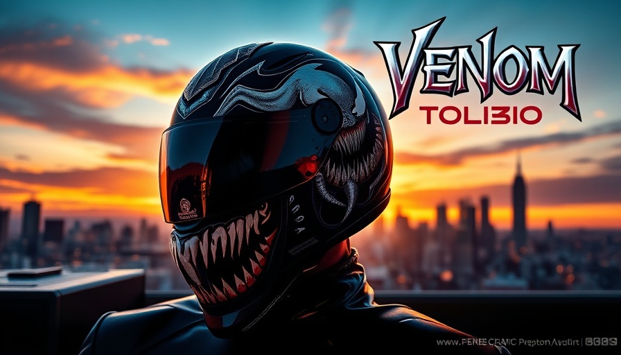 Venom motorcycle helmet poster at AIMExpo 2025 with sunset skyline.