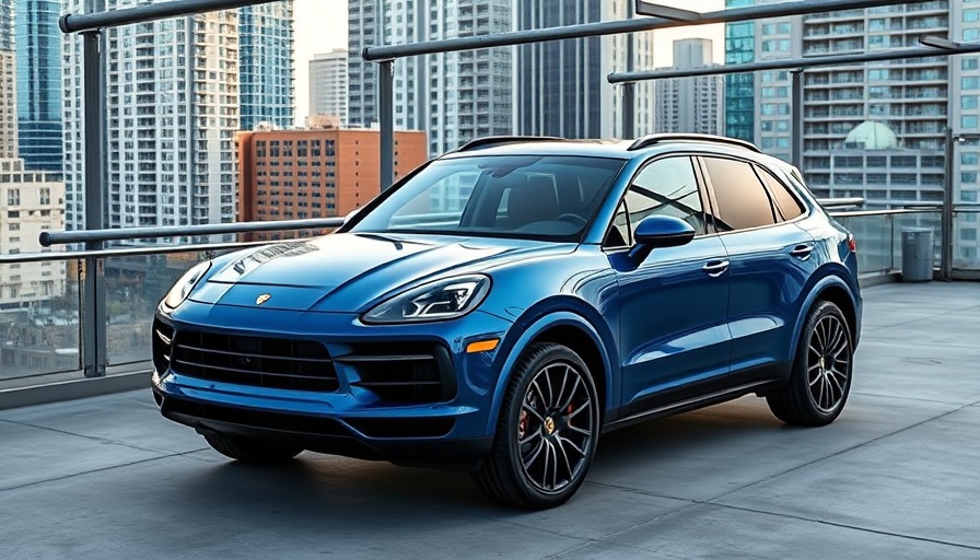 2022 Porsche Cayenne parked on rooftop with city skyline.