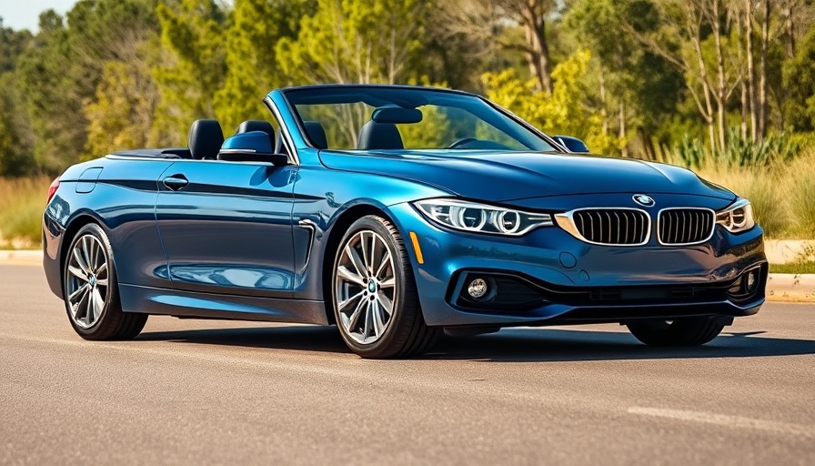 2025 BMW 430i Convertible parked on a road with trees.