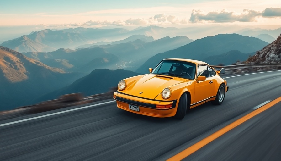 Yellow Porsche 964 driving on mountain road, cinematic photo.