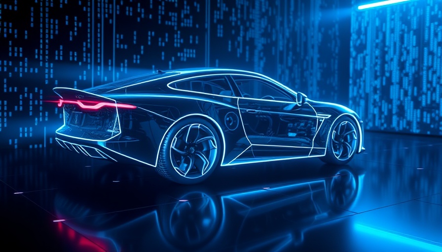 Holographic car in virtual vehicle validation scene with digital icons.