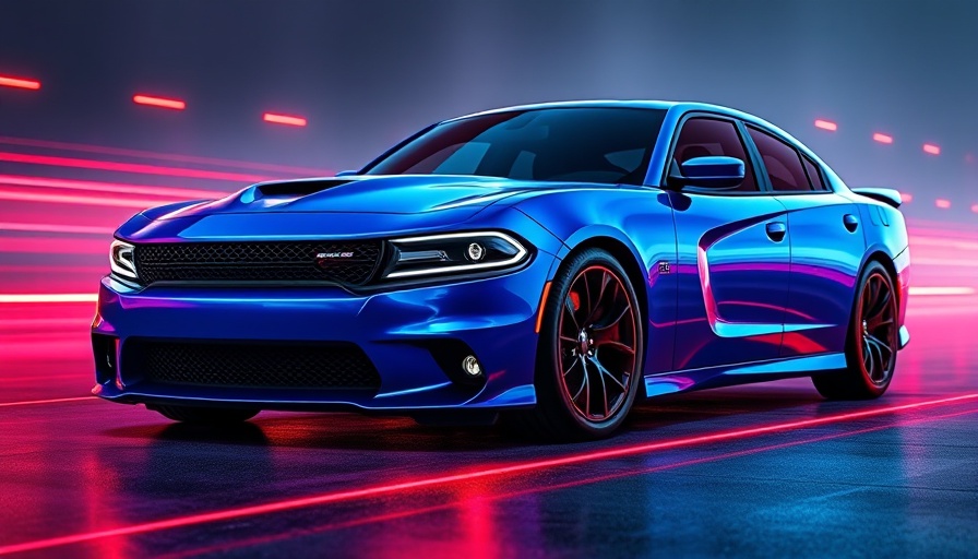 Modern Dodge Charger Sixpack under neon lights in futuristic setting.