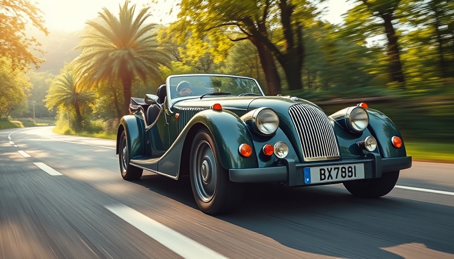 Morgan sports car speeding on a scenic road