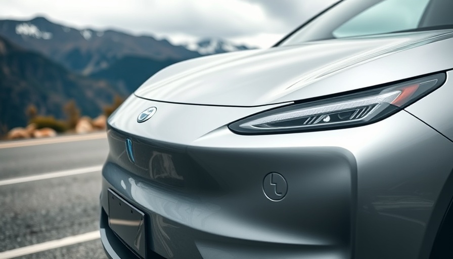 Close-up of small electric SUV grille on a mountain road.