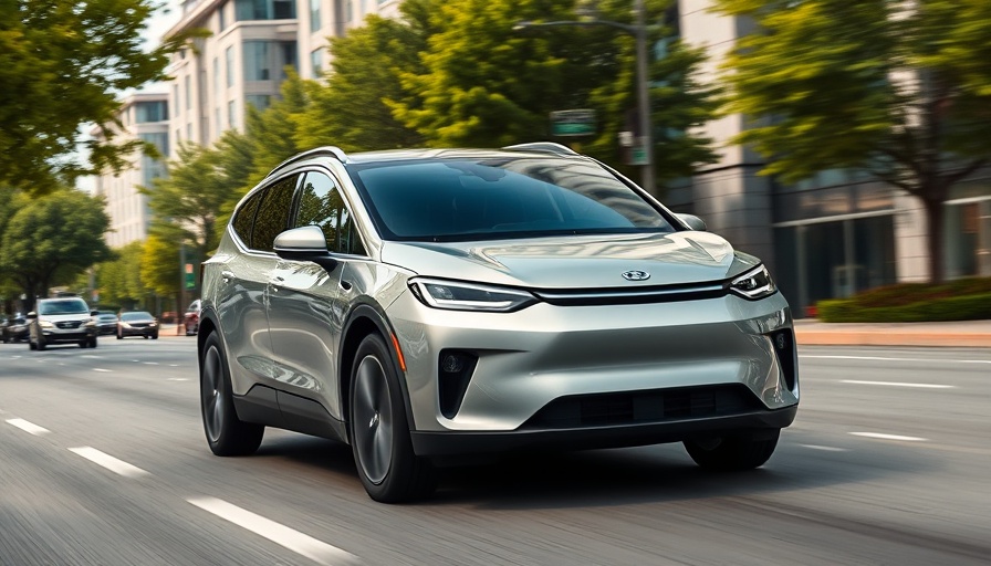 Sleek electric SUV driving in urban setting. Focus on green cityscape.