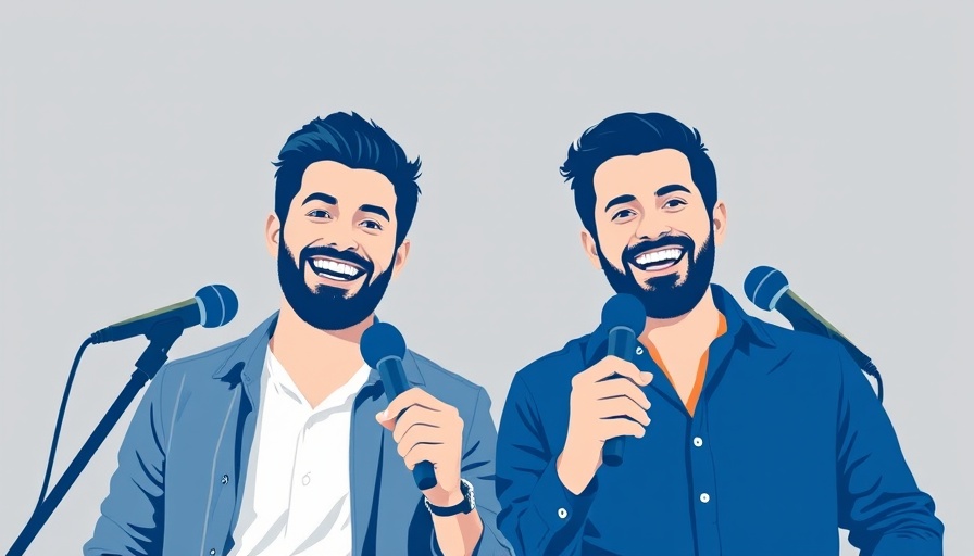 Driver engagement podcast image with smiling hosts and microphones.
