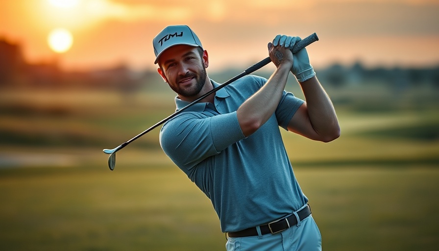 Quade Cummins posing on a golf course at sunset.