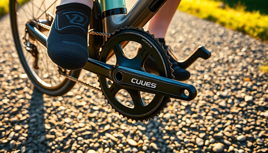 Close-up of Shimano Cues crankset on bike with rider's shoe.
