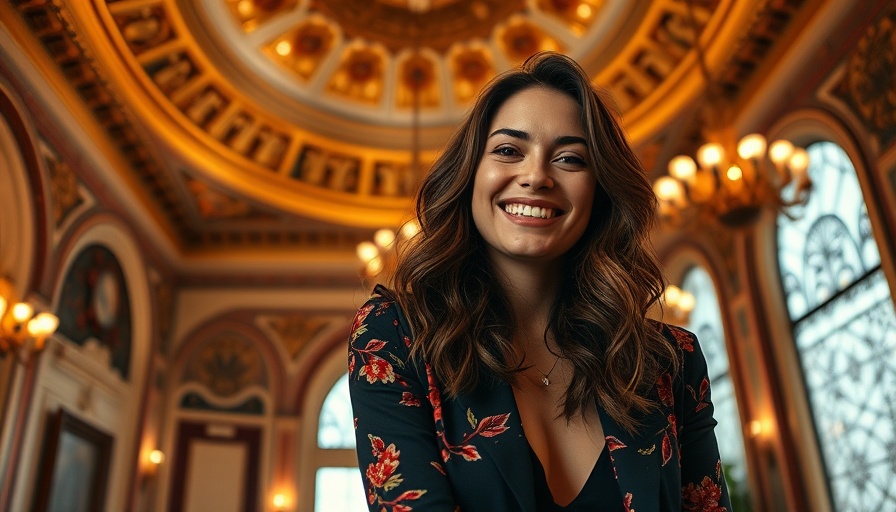 Tabitha Brown posing joyfully in elegant setting.