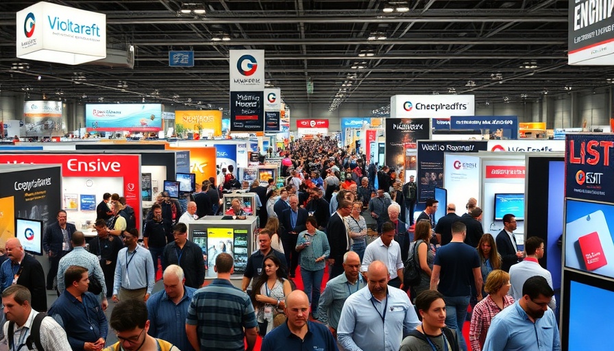 Trade show attendees engaging at marketing strategy event, vibrant displays.
