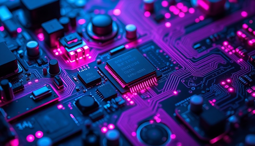 Intricate electronic components in quantum computing with neon colors.