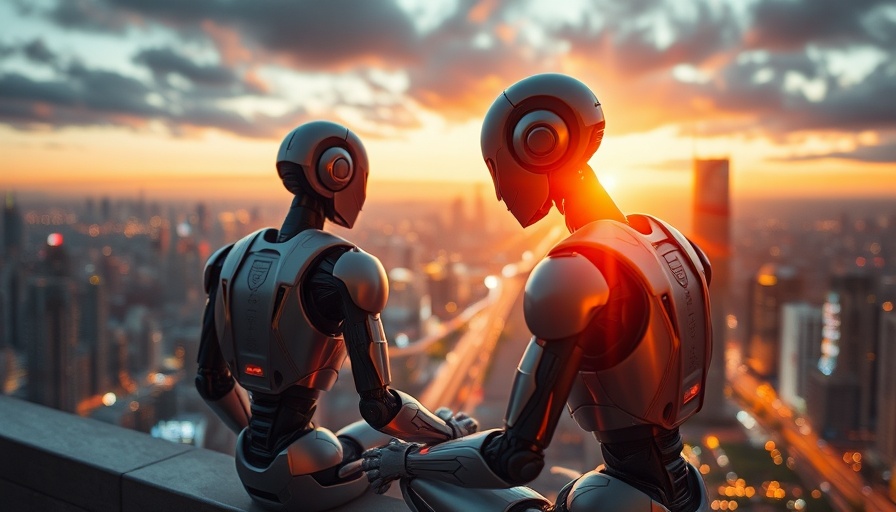 Hybrid GenAI robot overlooking a futuristic city at sunset.