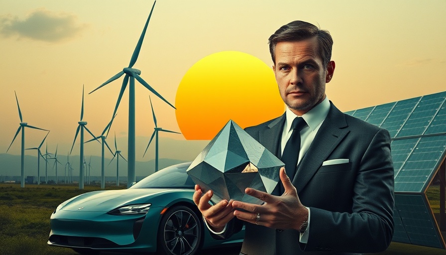 Surreal collage with man and climate technology elements, green theme.