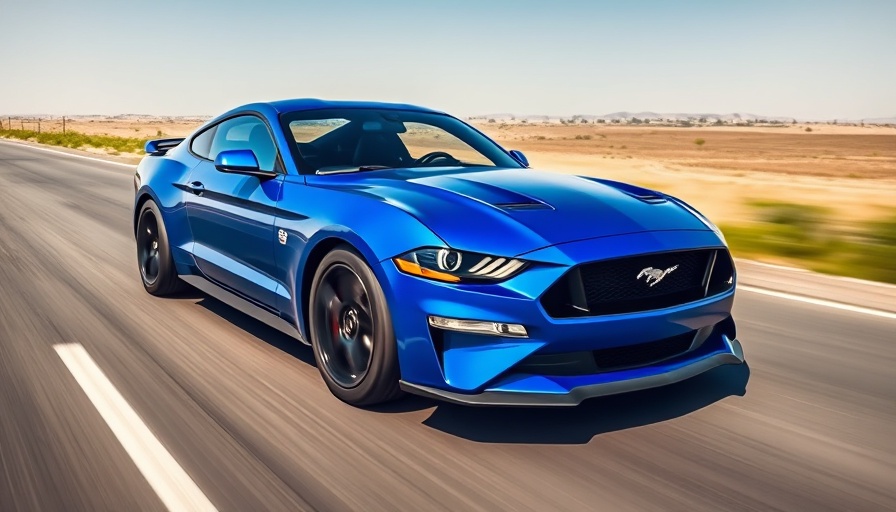 Blue Mustang Mach-E driving on open road in sunlight.
