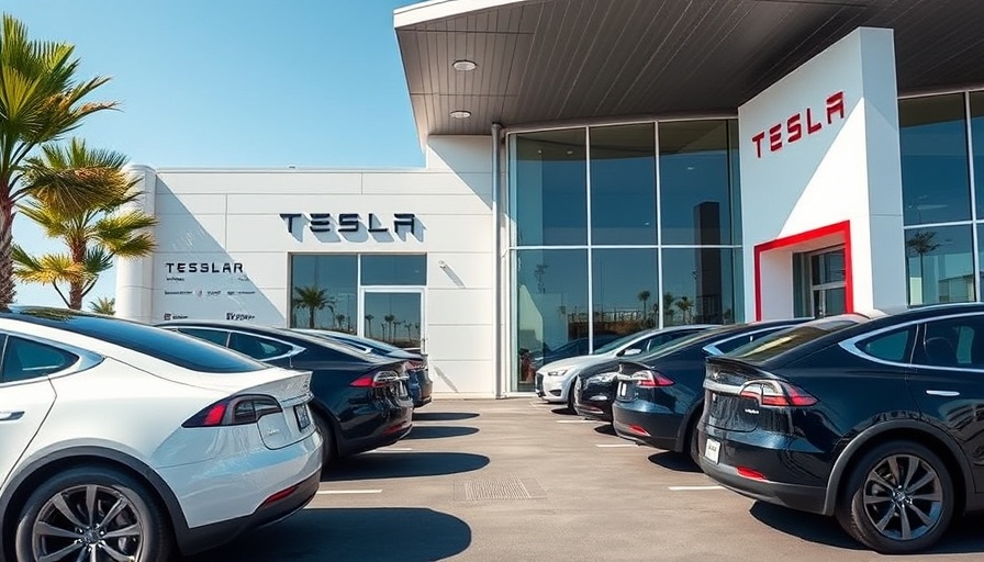 Tesla dealership with parked electric cars showcasing lease penetration.