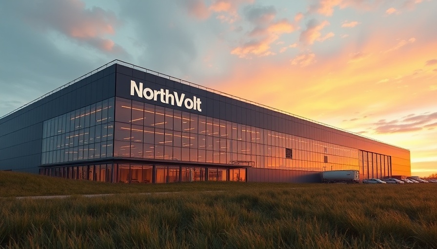 Northvolt building exterior at dusk with logo prominently displayed