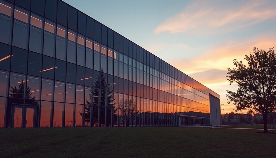 Modern Northvolt building at dusk with glass facade reflecting dusk light.