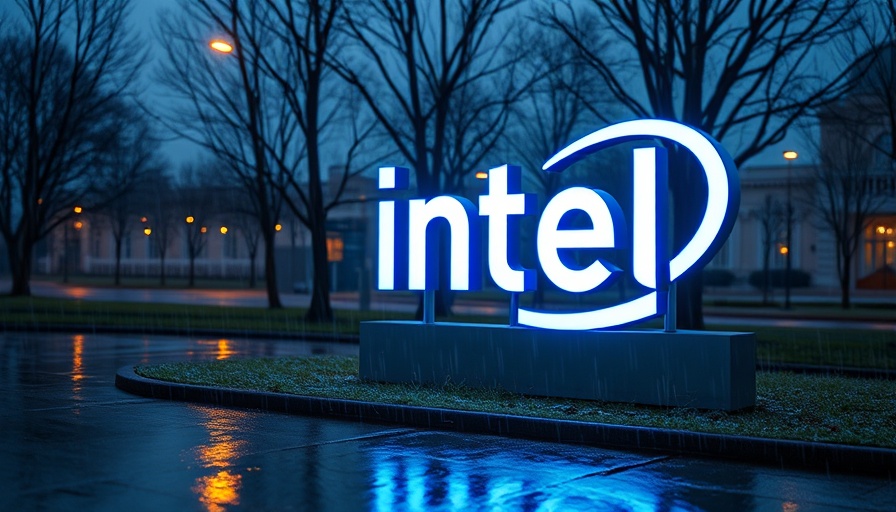 Illuminated Intel sign reflecting at dusk, Intel federal grants setting.