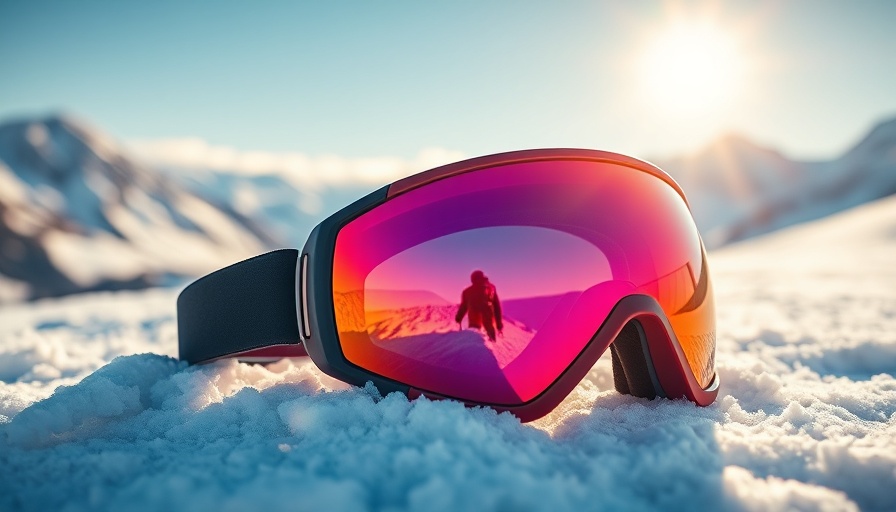 Ski goggles on snow, mountain backdrop, bright sunlight.