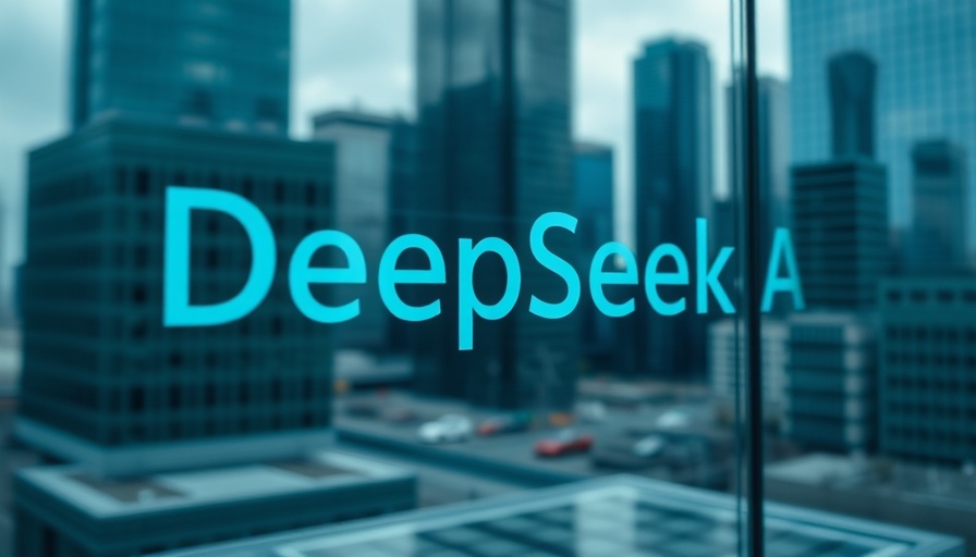 Reflective surface showing DeepSeek AI text amidst city skyline.