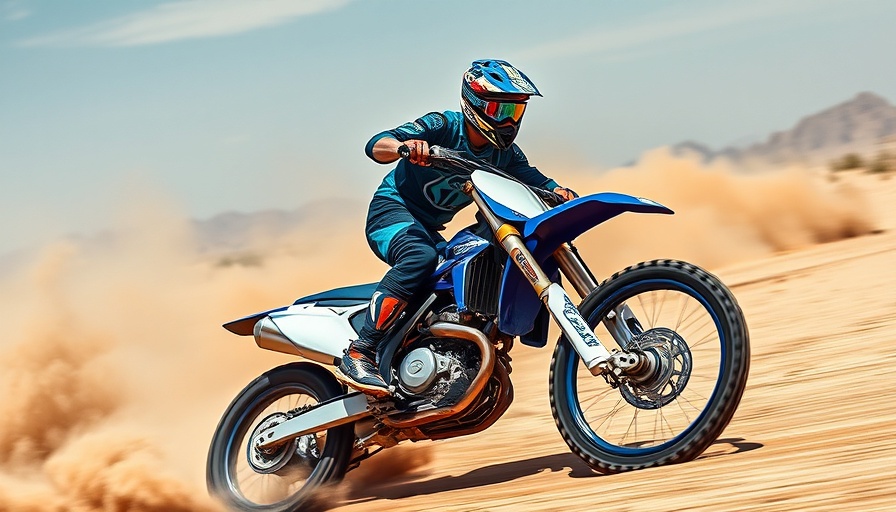 Motocross rider in blue suit racing off-road, Red Rider Rewards.