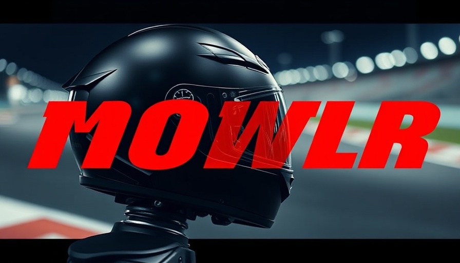 Sleek motorcycle helmet ad with bold text, racing theme.