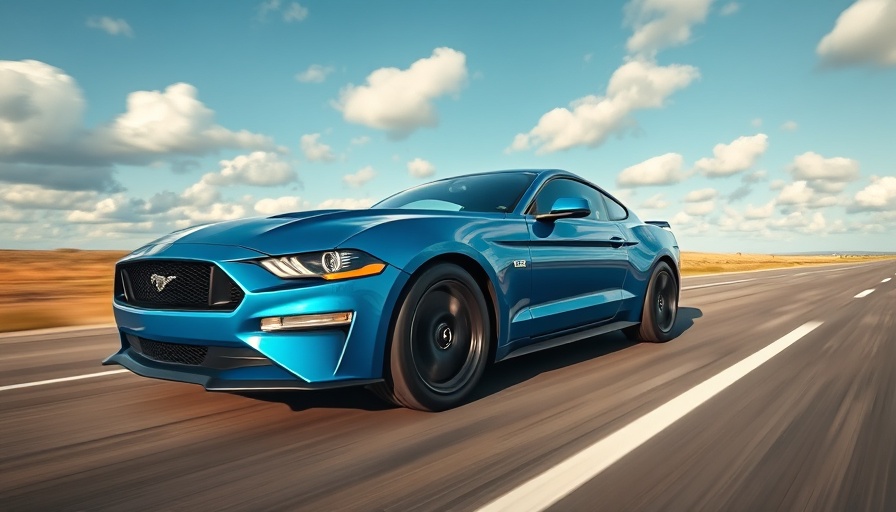 Sleek Mustang Mach-E racing on open road under cloudy sky.