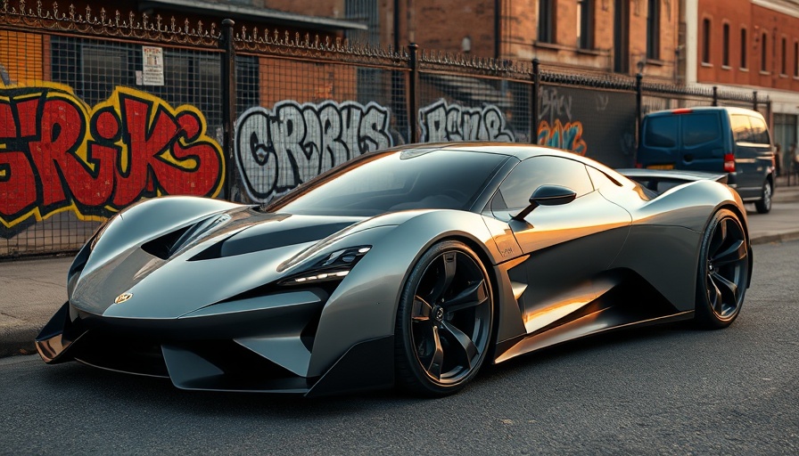 Futuristic car parked in urban setting at golden hour.