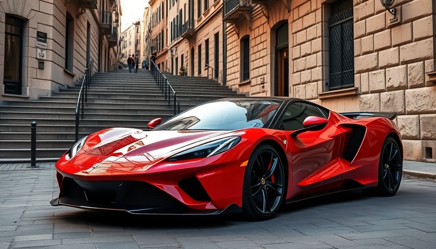 Sleek red sports car parked on stone pavement.