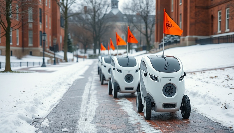 Autonomous delivery robots on snowy campus pathway, historical buildings.