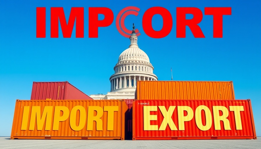 U.S. Tariffs concept with shipping containers and Capitol overlay.
