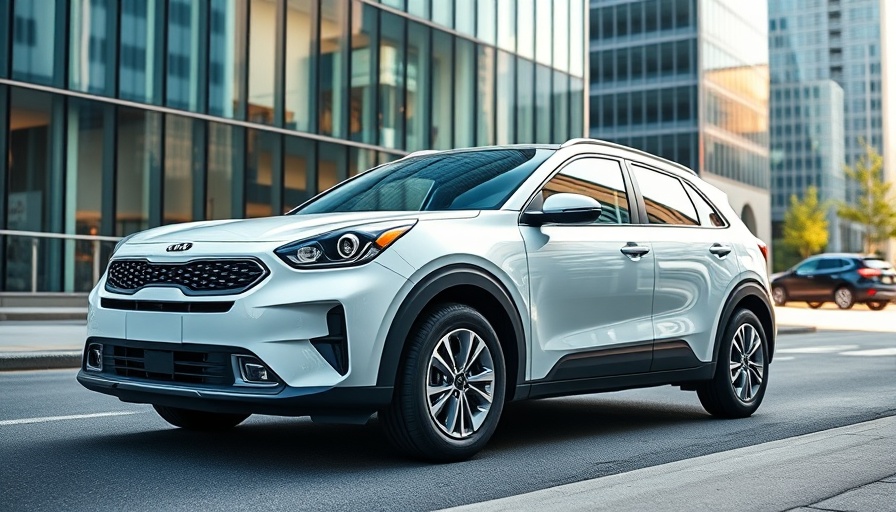 Sleek white Kia Niro parked on urban street, modern architecture background.
