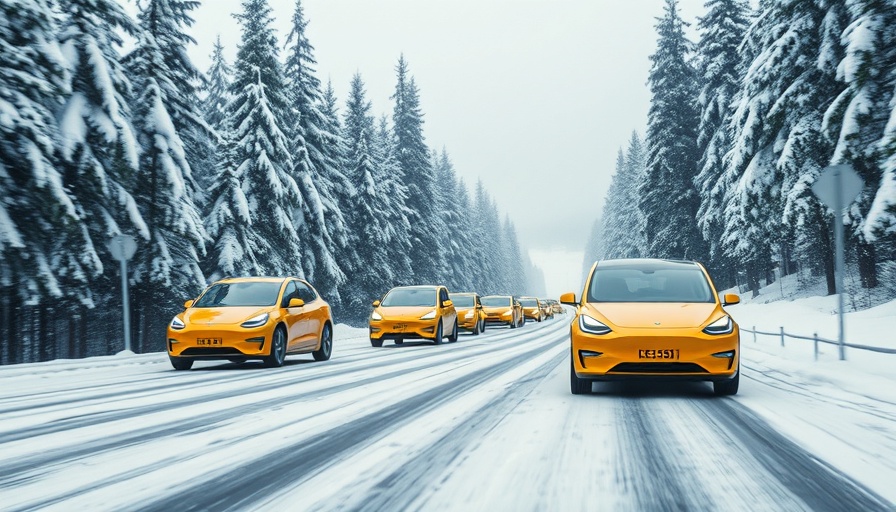 Arctic Circle EVs traveling on a snowy road against a forest backdrop.