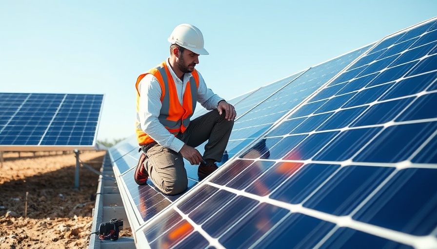 Technician inspecting solar panels under clear sky, Meta solar energy