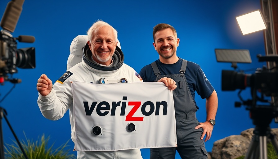 Super Bowl advertising scene, man in astronaut suit with Verizon flag on set.