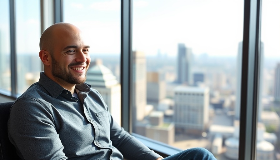 Modern office with smiling man and marketing technology setup.