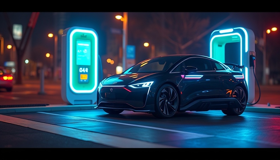 Futuristic electric car charging with AI-powered battery hologram.