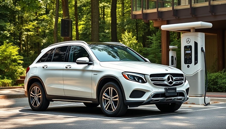 White Mercedes-Benz GLC 350e at a charging station in scenic area.