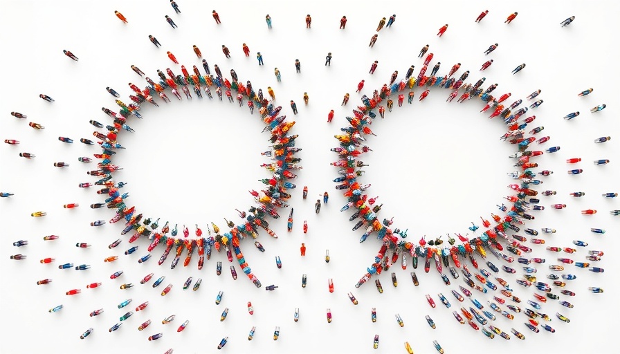 Aerial view of human crowd forming speech bubbles, illustrating speech dataset.