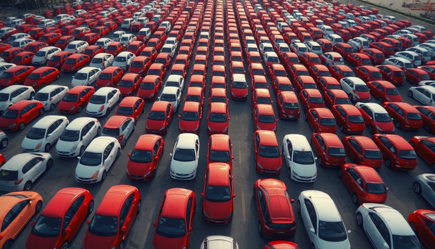 Aerial view of organized car inventory in a parking lot.
