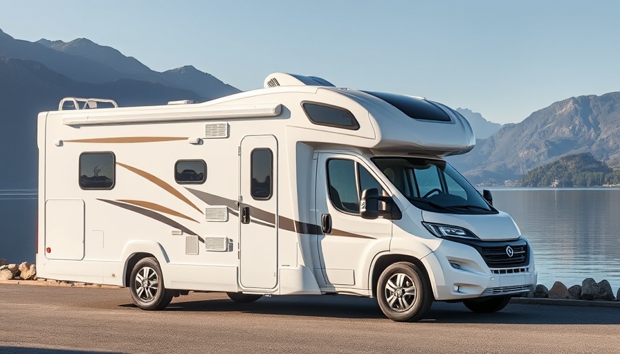 Motorhome values image with lakeside view and mountain backdrop.