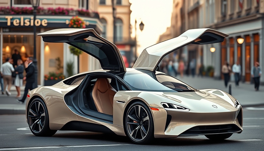 Sleek futuristic electric car, Tesla innovations, parked on urban street.