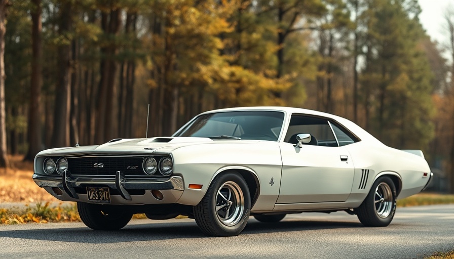Vintage white muscle car in serene outdoor setting.
