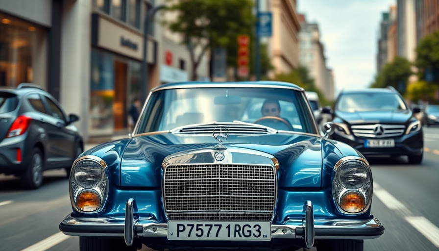 Classic Mercedes in musicians car collection driving in city