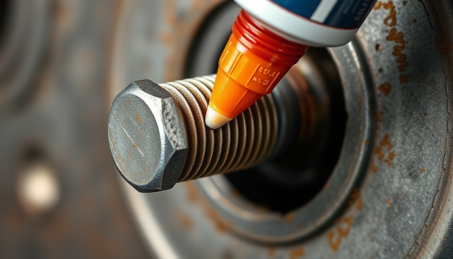 Threadlocker application on bolt, close-up demonstration.